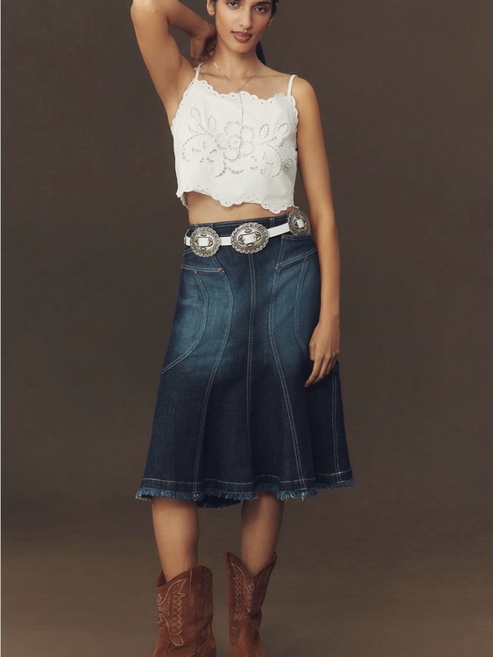 Pilcro Dark Blue Denim A-Line Midi Skirt